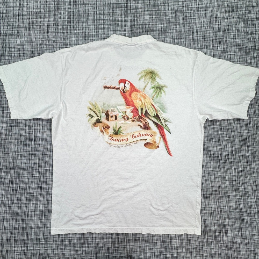 Tommy Bahama Mens Large Parrot Martini Graphic T Shirt Cream Cotton Happy Hour